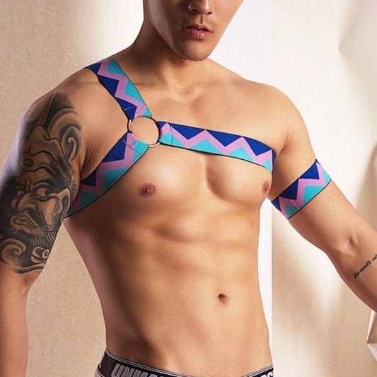 dark light blue Zig Zag Stripe Elastic Chest Harness: Men's Clubwear- pridevoyageshop.com - gay men’s harness, lingerie and fetish wear