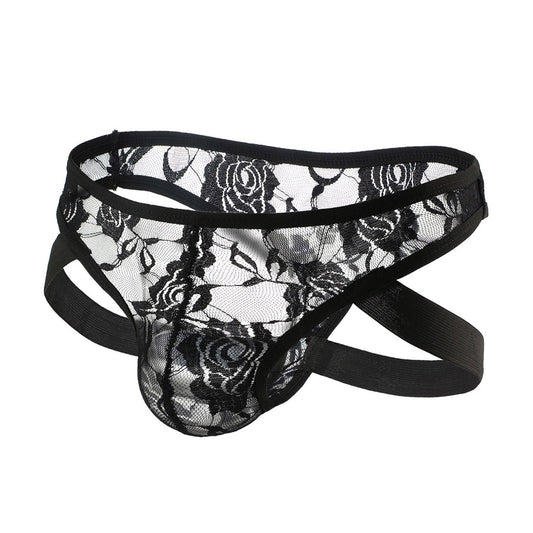 Black Lace Briefs with Leg Strap: Mens Lace Panties and Lace Jockstrap - pridevoyageshop.com - gay men’s underwear and swimwear