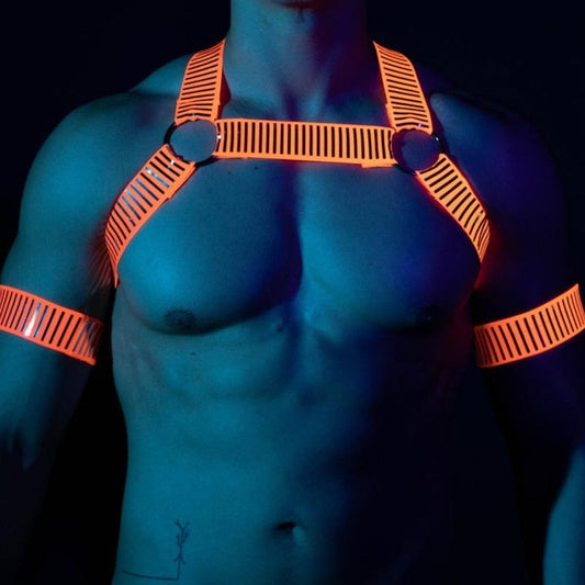 Orange Reflective Gay Chest Harness: Sexy Clubwear- pridevoyageshop.com - gay men’s harness, lingerie and fetish wear