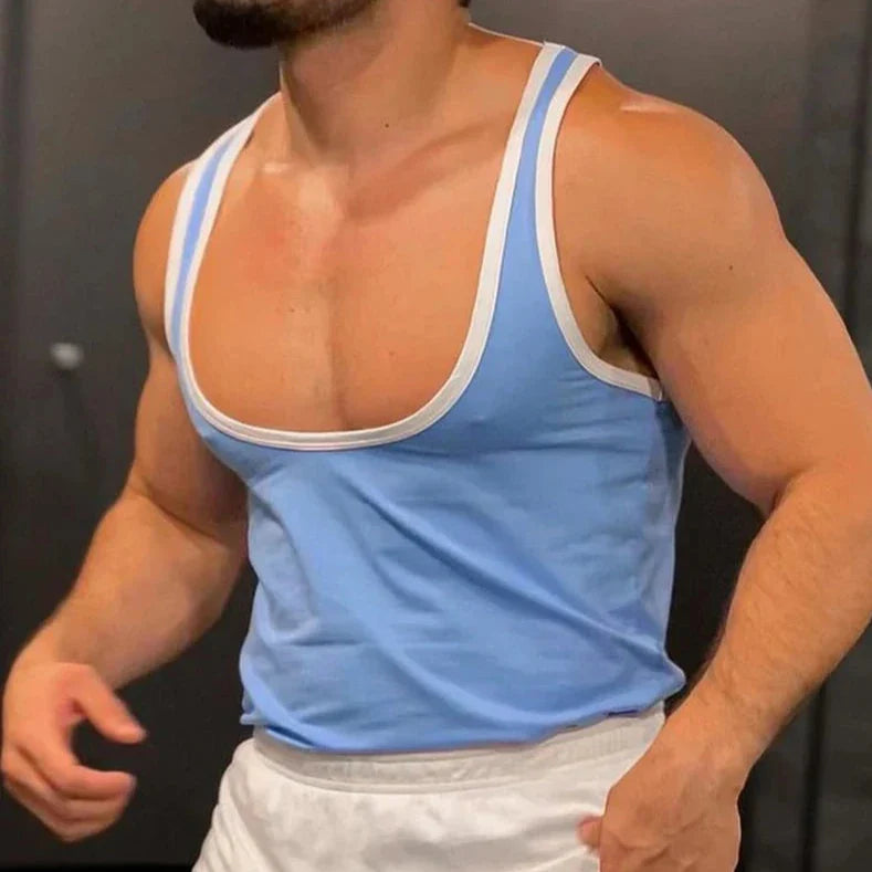 a hot gay man in blue PecsShow Deep Scoop Neck Tank Top from gay casualwear - pridevoyageshop.com