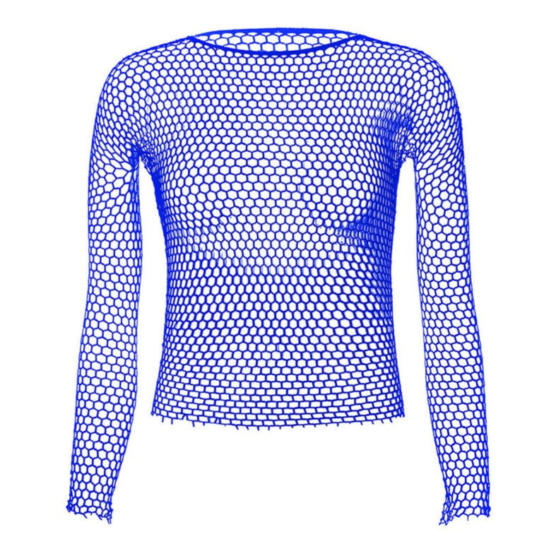 Blue Men's Long Sleeve Fishnet T-Shirt: Top Net Shirt for Men- pridevoyageshop.com - gay men’s harness, lingerie and fetish wear