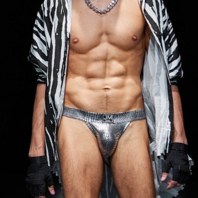 hot guy in silver Gay Jockstrap: Snakeskin Jockstrap & Erotic Gay Lingerie- pridevoyageshop.com - gay men’s underwear and swimwear
