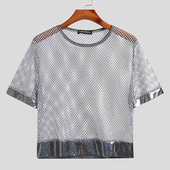 Gay Club Outfits | Silver Mesh See-Through Crop Top: Fishnet Mens Shirt- pridevoyageshop.com - gay men’s harness, lingerie and fetish wear