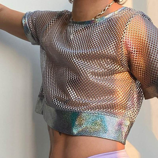 Gay Club Outfits | Silver Mesh See-Through Crop Top: Fishnet Mens Shirt- pridevoyageshop.com - gay men’s harness, lingerie and fetish wear