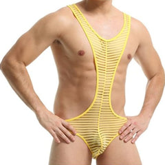 yellow Striped Multi-colored Backless Bodysuit: Leotard for Men | Gay Unitard- pridevoyageshop.com - gay men’s harness, lingerie and fetish wear