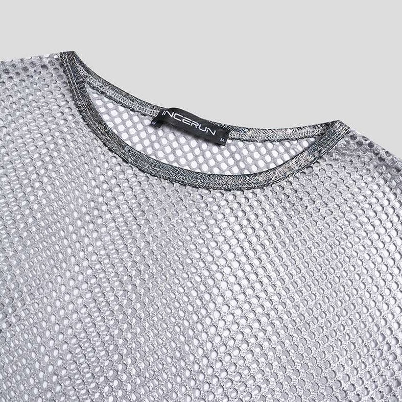 Details of Gay Club Outfits | Silver Mesh See-Through Crop Top: Fishnet Mens Shirt- pridevoyageshop.com - gay men’s harness, lingerie and fetish wear