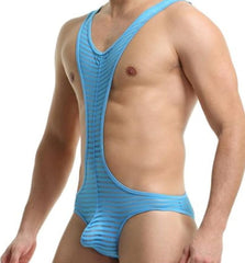 skyblue yellow Striped Multi-colored Backless Bodysuit: Leotard for Men | Gay Unitard- pridevoyageshop.com - gay men’s harness, lingerie and fetish wear