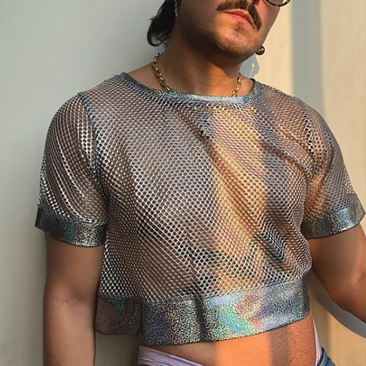 Gay Club Outfits | Silver Mesh See-Through Crop Top: Fishnet Mens Shirt- pridevoyageshop.com - gay men’s harness, lingerie and fetish wear