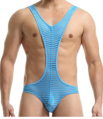 skyblue yellow Striped Multi-colored Backless Bodysuit: Leotard for Men | Gay Unitard- pridevoyageshop.com - gay men’s harness, lingerie and fetish wear