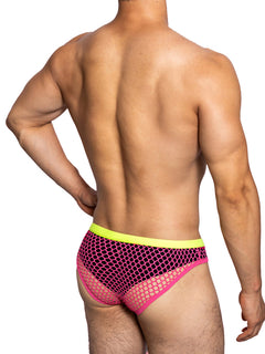 a sexy gay man in rose red DM Sexy Boy Fishnet Briefs - pridevoyageshop.com - gay men’s underwear and swimwear