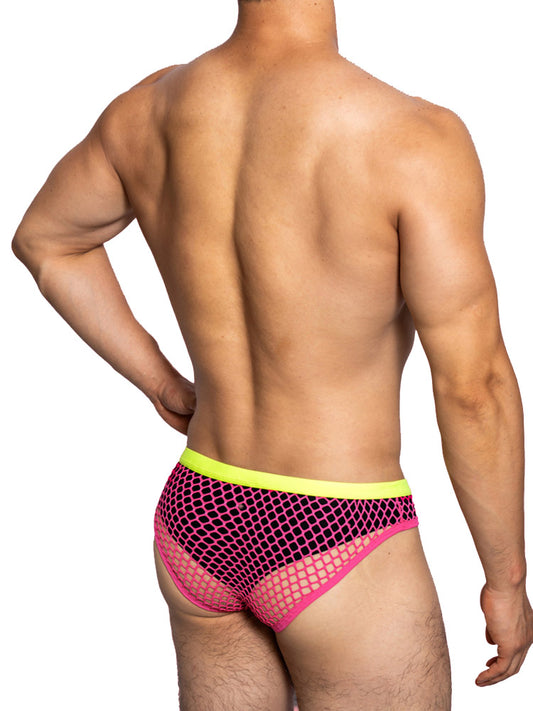 a sexy gay man in rose red DM Sexy Boy Fishnet Briefs - pridevoyageshop.com - gay men’s underwear and swimwear