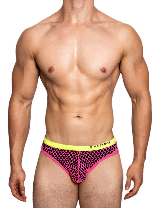 a sexy gay man in rose red DM Sexy Boy Fishnet Briefs - pridevoyageshop.com - gay men’s underwear and swimwear