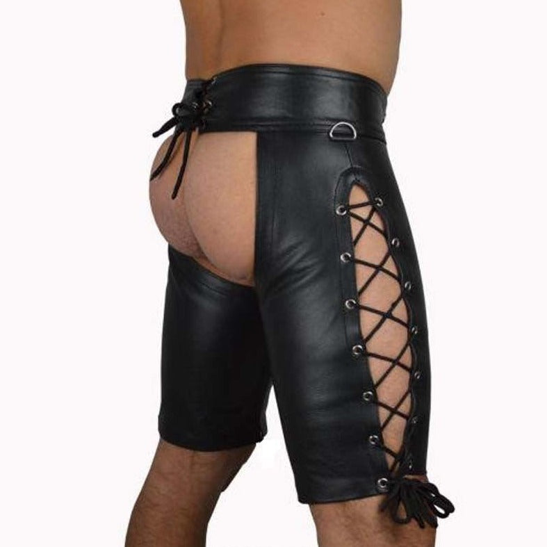a hot gay man in Men's Assless PU Leather Short Chaps - pridevoyageshop.com - gay men’s bodystocking, lingerie, fishnet and fetish wear