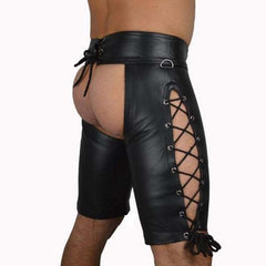 a hot gay man in Men's Assless PU Leather Short Chaps - pridevoyageshop.com - gay men’s bodystocking, lingerie, fishnet and fetish wear