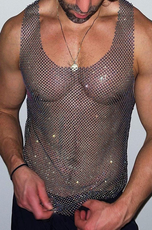 a hot gay man in Black Gay Club Outfits | Men's Glitter Mesh Tank Top: Fishnet Shirt