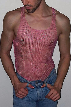 a hot gay man in rose red  Gay Club Outfits | Men's Glitter Mesh Tank Top: Fishnet Shirt