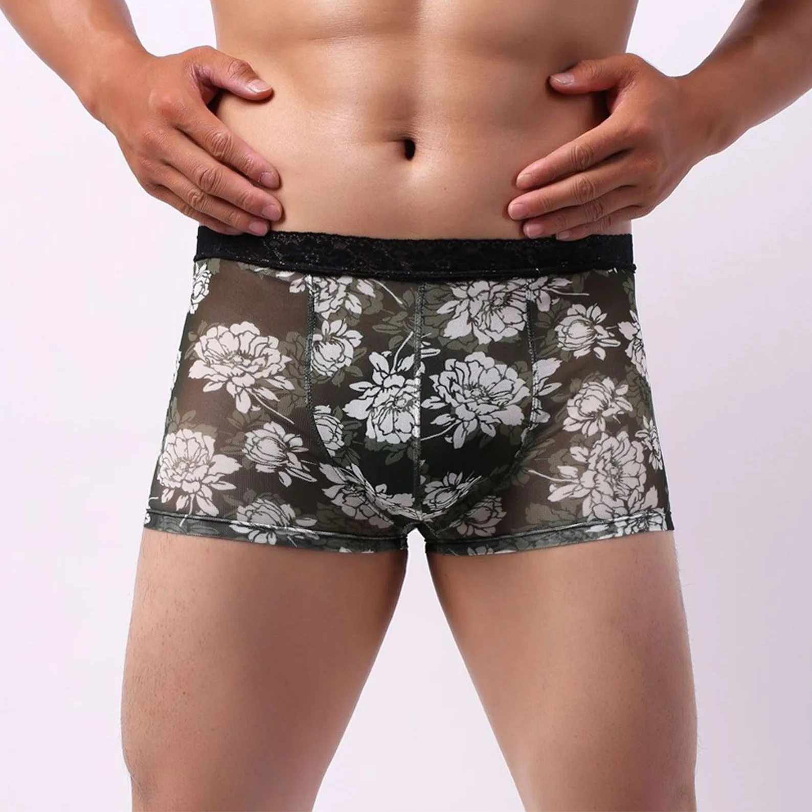 Army green Men’s Kinked Up Floral Lace Boxers - pridevoyageshop.com - gay men’s thongs, boxers, briefs and jockstraps