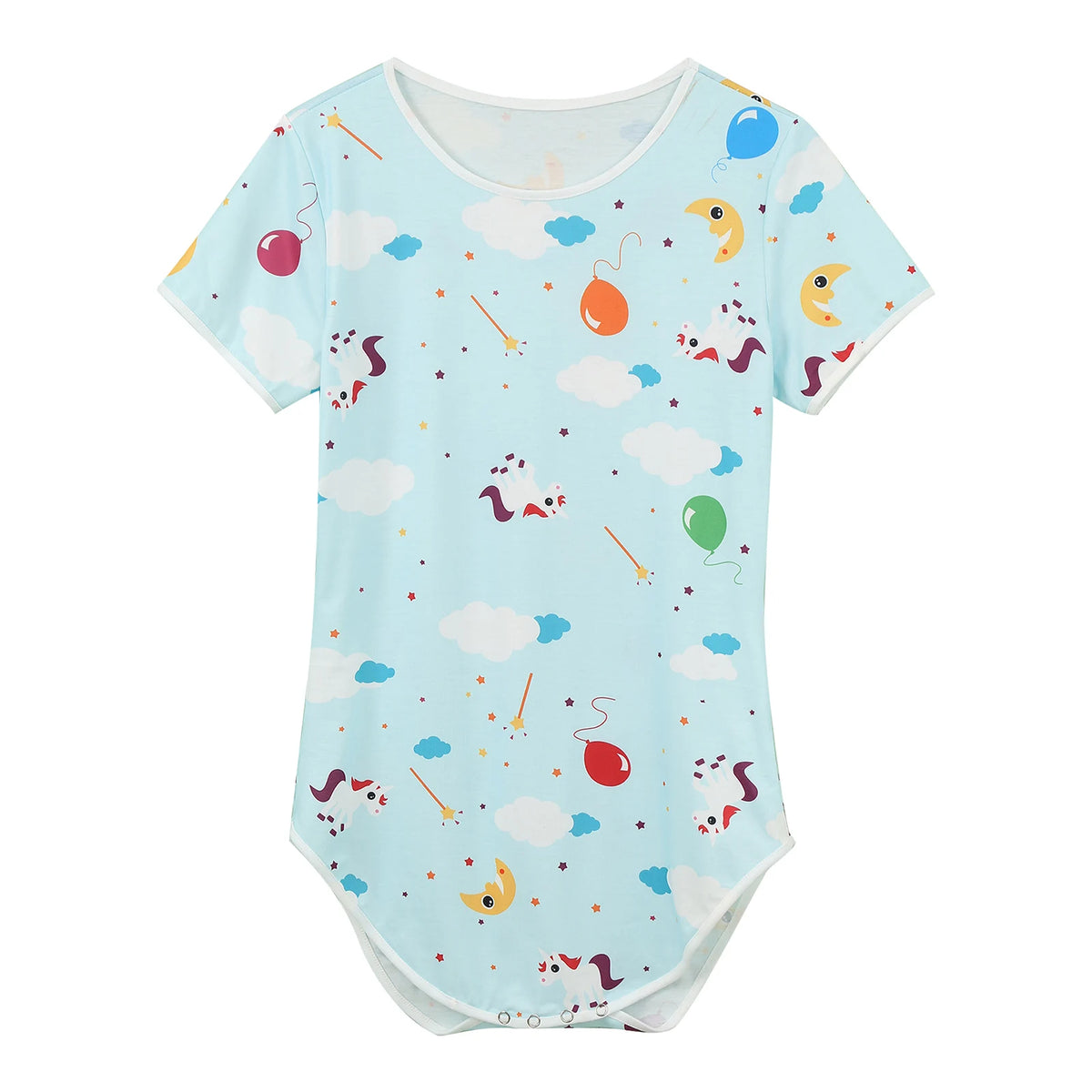 Cuddly Chaos Daddy’s Boy Printed Onesie arranged flat, colorful chaotic cute print, soft stretchy fabric, boyish cuddle vibe – pridevoyageshop.com – gay men’s harness, lingerie and fetish wear