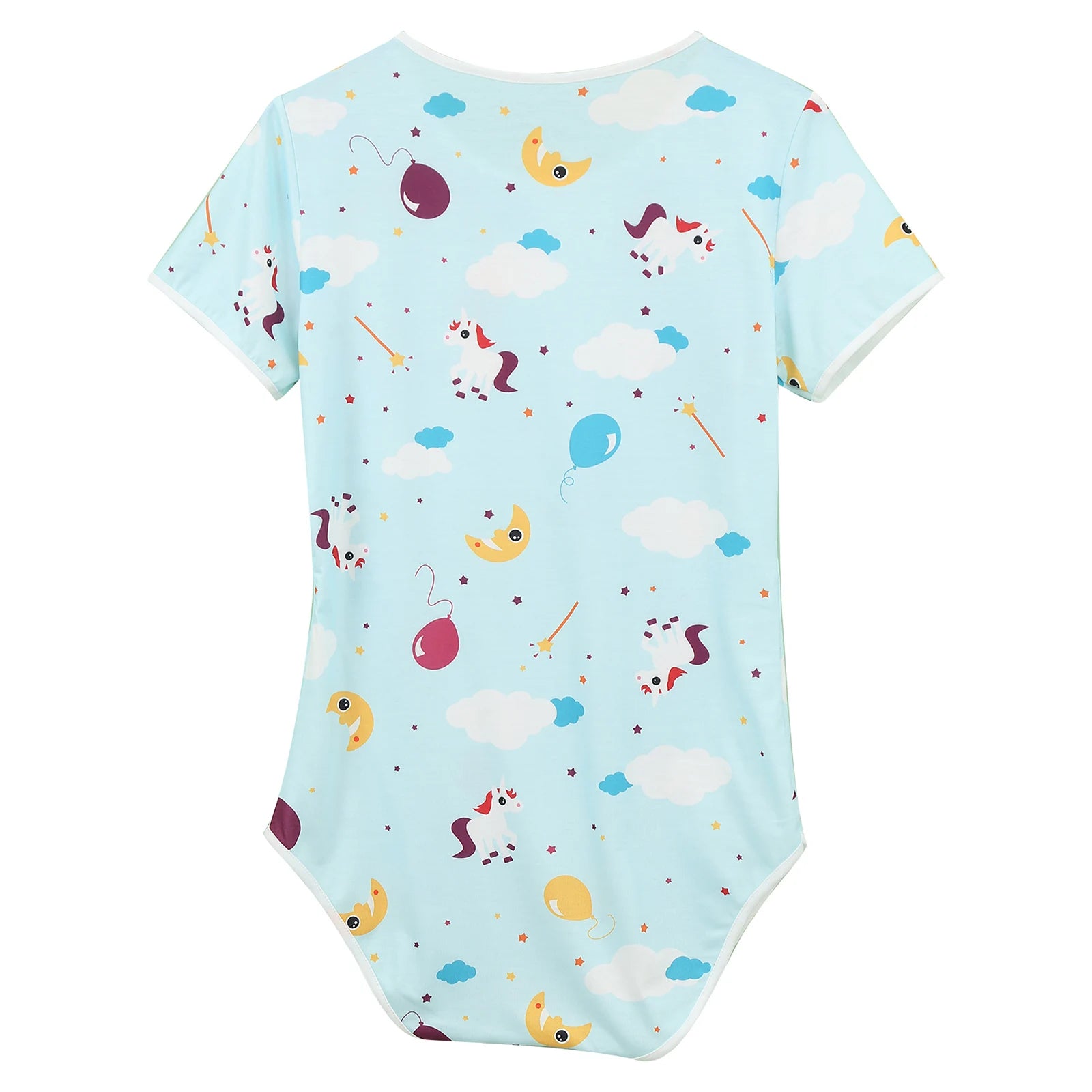 Cuddly Chaos Daddy’s Boy Printed Onesie arranged flat, colorful chaotic cute print, soft stretchy fabric, boyish cuddle vibe – pridevoyageshop.com – gay men’s harness, lingerie and fetish wear