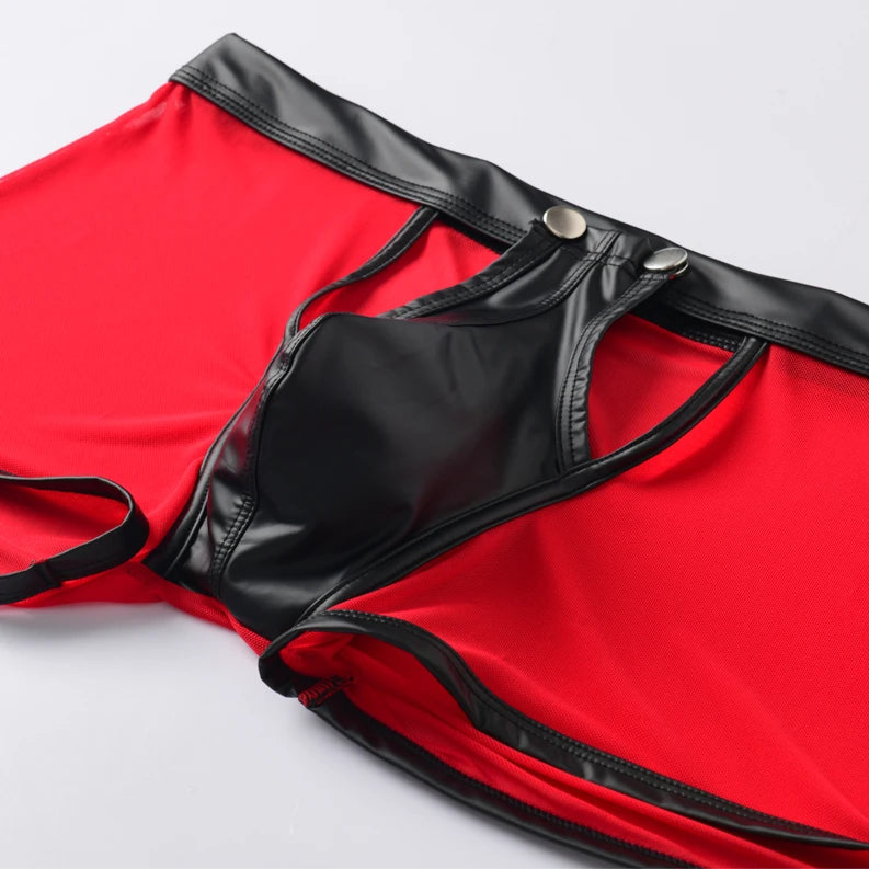 Details of Red Men’s Mesh & PU Leather Snap Boxer Shorts - pridevoyageshop.com - gay men’s thongs, boxers, briefs and jockstraps