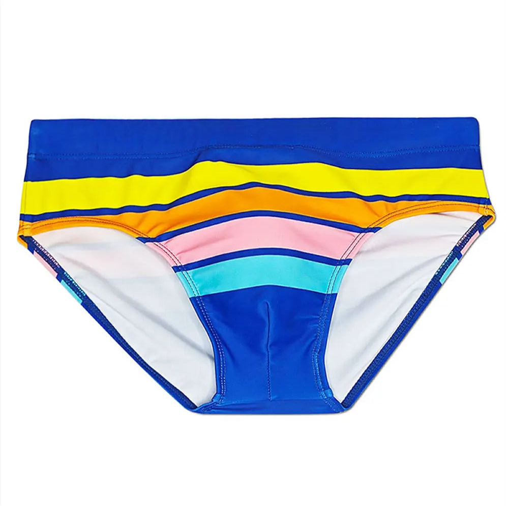 Details of blue Men’s Bottom Line Stripe Swim Briefs - pridevoyageshop.com - gay men’s sexy swim briefs, trunks, board shorts, and bikinis