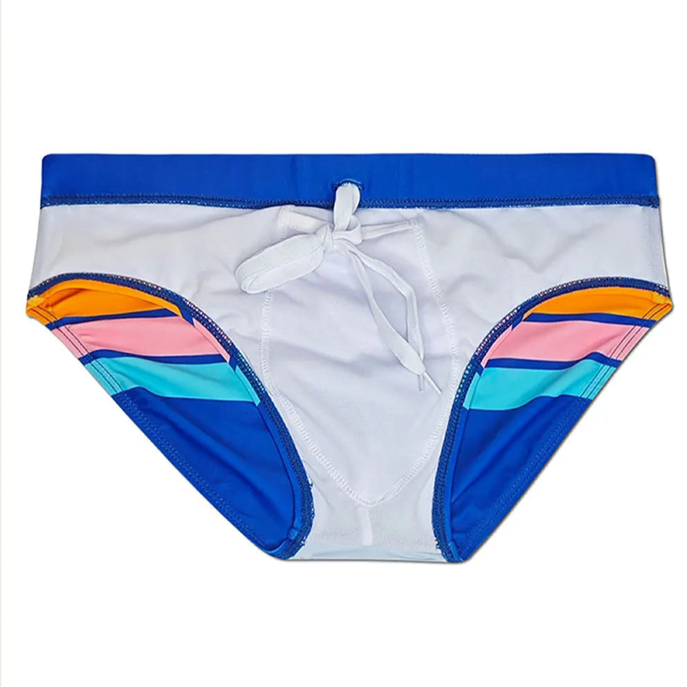 Details of blue Men’s Bottom Line Stripe Swim Briefs - pridevoyageshop.com - gay men’s sexy swim briefs, trunks, board shorts, and bikinis