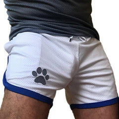 sexy gay man in white blue Gay Shorts | Gay Bear Paw Gym Shorts - Men's Activewear, gym short, sport shorts, running shorts- pridevoyageshop.com