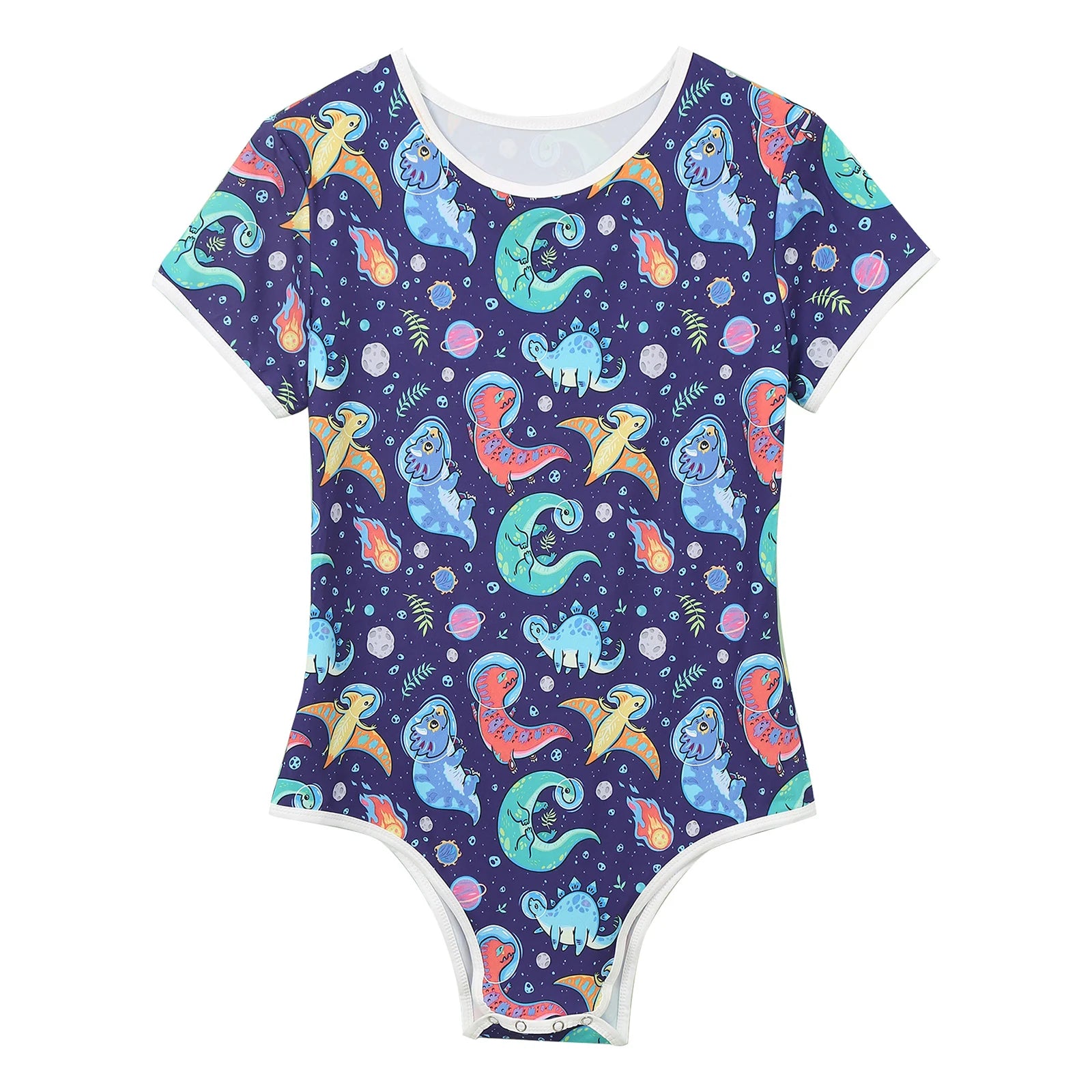 Gaylaxy Dinos Daddy’s Boy Printed Onesie laid flat, stretchy cartoon fabric, cute bold print, snap-front playful cut – pridevoyageshop.com – gay men’s harness, lingerie and fetish wear