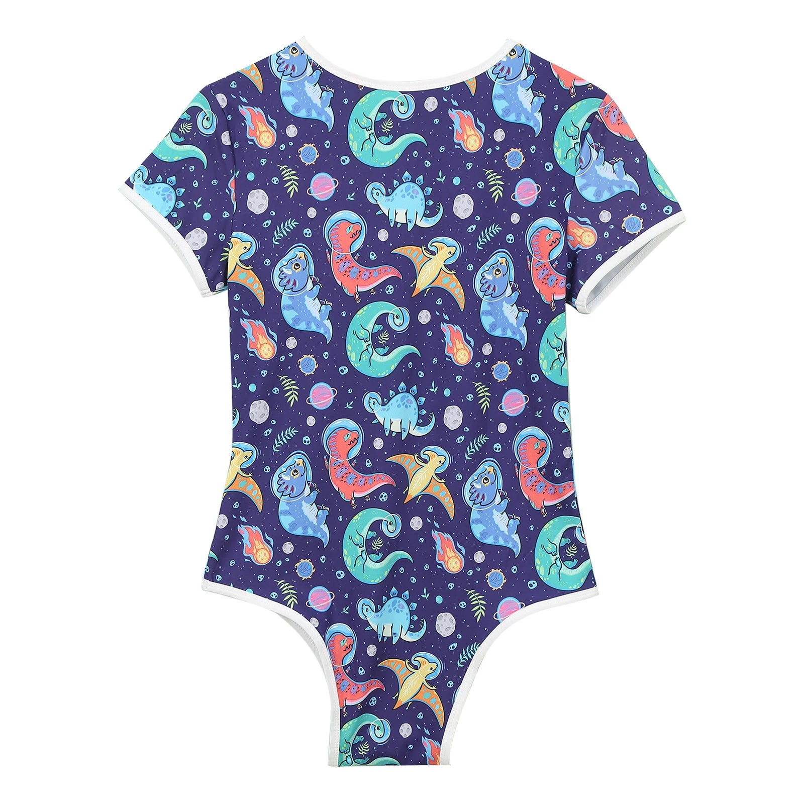 Gaylaxy Dinos Daddy’s Boy Printed Onesie laid flat, stretchy cartoon fabric, cute bold print, snap-front playful cut – pridevoyageshop.com – gay men’s harness, lingerie and fetish wear