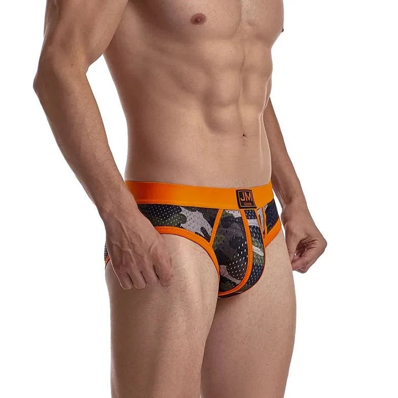 a hot gay man in orange Jockmail Men's Mesh Camo Briefs - pridevoyageshop.com - gay men’s underwear and swimwear