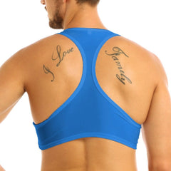 a sexy gay man in blue Men's Sleevless Y Back Crop Top | Gay Crop Tops & Sports Wear - pridevoyageshop.com - gay crop tops, gay casual clothes and gay clothes store