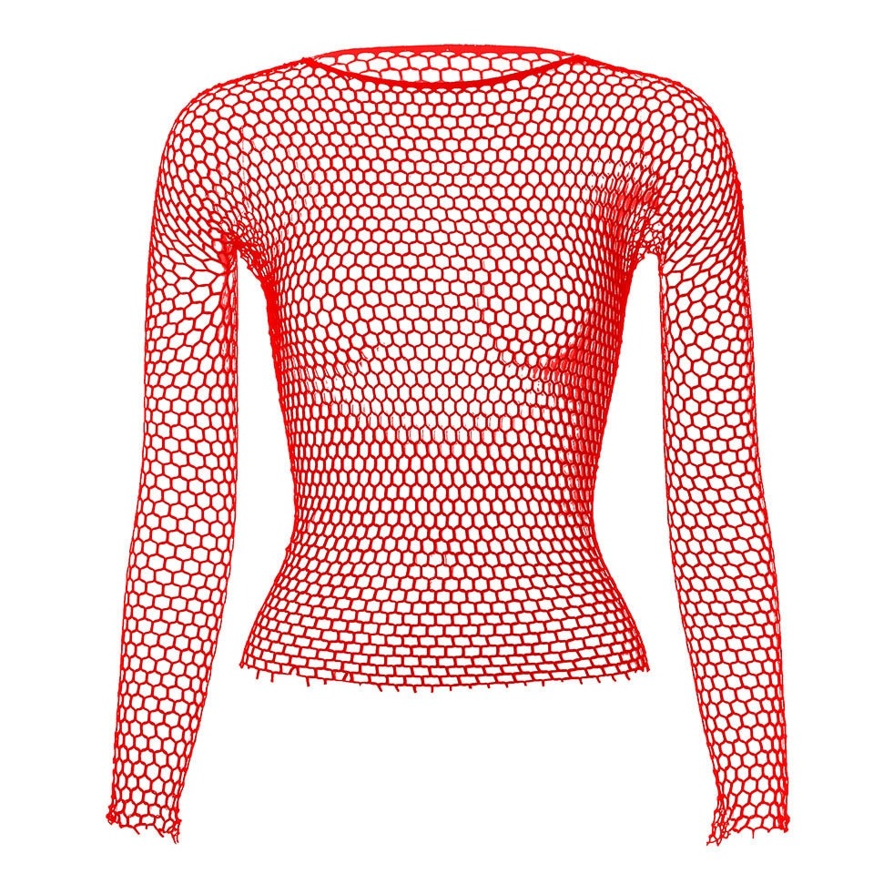 red Men's Long Sleeve Fishnet T-Shirt: Top Net Shirt for Men- pridevoyageshop.com - gay men’s harness, lingerie and fetish wear