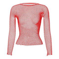 red Men's Long Sleeve Fishnet T-Shirt: Top Net Shirt for Men- pridevoyageshop.com - gay men’s harness, lingerie and fetish wear