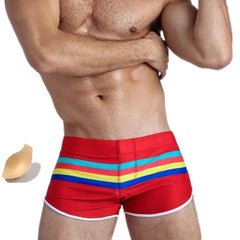 a hot gay man in red Men's Sunset Stripe Swim Trunks - pridevoyageshop.com - gay men’s underwear and swimwear