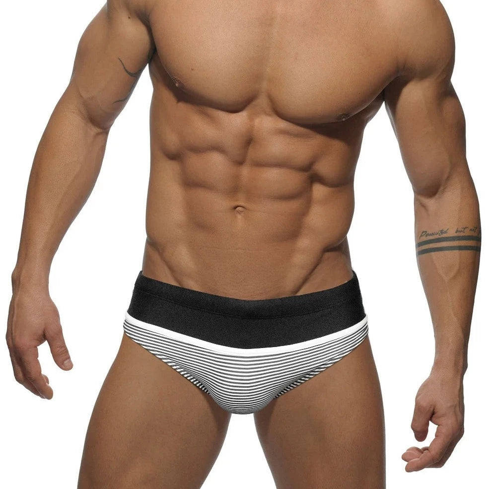 a sexy gay man in black Men's Sailor Stripe Swim Briefs - pridevoyageshop.com - gay men’s underwear and swimwear