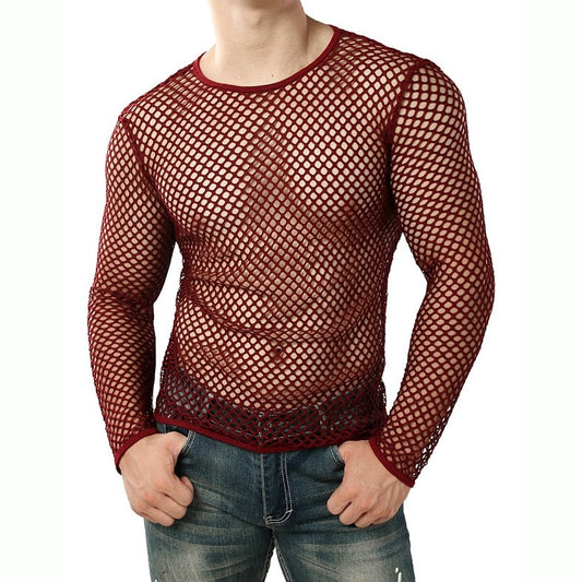 red Gay Men's Summer Fashion | Men's Fishnet T-Shirt: Mesh Men's Shirt- pridevoyageshop.com - gay men’s harness, lingerie and fetish wear