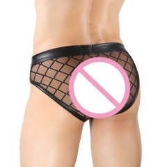 back of Men's Leather Mesh Briefs: Sensual Sheer Leather Underwear for Men - pridevoyageshop.com - gay men’s underwear and swimwear