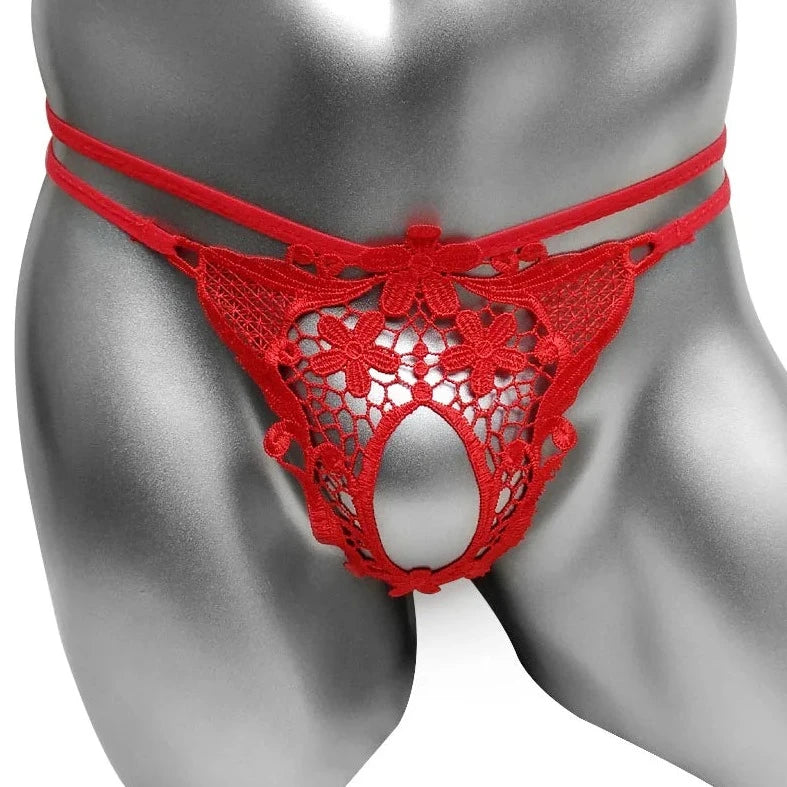 Red Men's Jasmine G-String Thong with Penis Hole - pridevoyageshop.com - gay men’s bodystocking, lingerie, fishnet and fetish wear