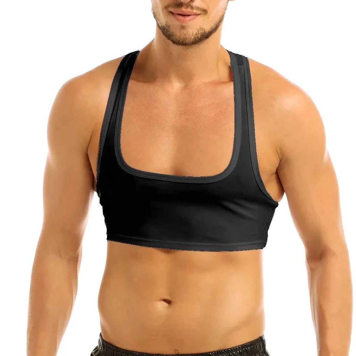 a sexy gay man in black Men's Sleevless Y Back Crop Top | Gay Crop Tops & Sports Wear - pridevoyageshop.com - gay crop tops, gay casual clothes and gay clothes store