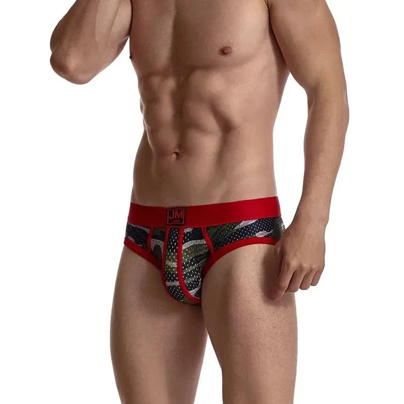 a hot gay man in red Jockmail Men's Mesh Camo Briefs - pridevoyageshop.com - gay men’s underwear and swimwear