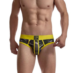 a hot gay man in yellow Jockmail Men's Mesh Camo Briefs - pridevoyageshop.com - gay men’s underwear and swimwear