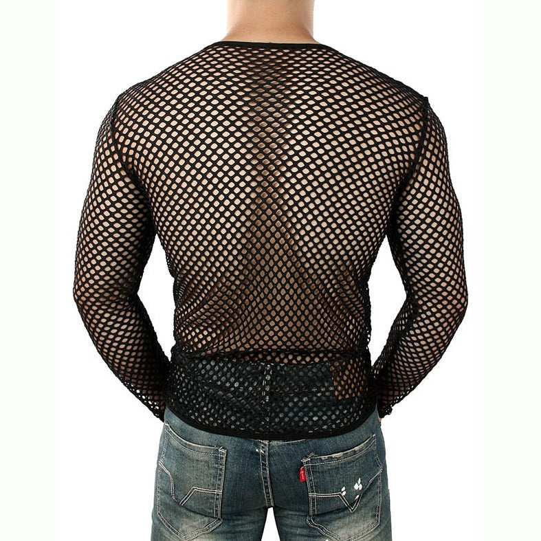 back of black Gay Men's Summer Fashion | Men's Fishnet T-Shirt: Mesh Men's Shirt- pridevoyageshop.com - gay men’s harness, lingerie and fetish wear