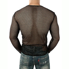 back of black Gay Men's Summer Fashion | Men's Fishnet T-Shirt: Mesh Men's Shirt- pridevoyageshop.com - gay men’s harness, lingerie and fetish wear