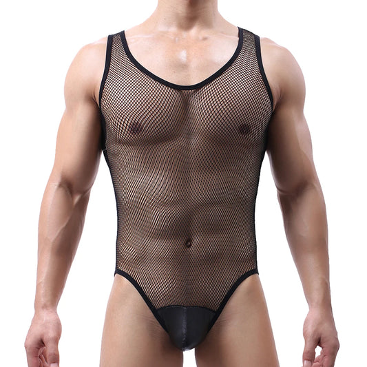 a sexy gay man in black Men's One-piece Mesh Full Bodysuit - pridevoyageshop.com - gay men’s underwear and swimwear