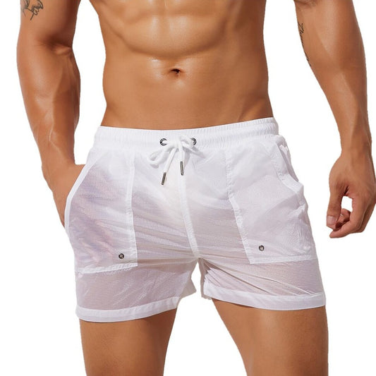 sexy gay man in white Gay Beachwear | Men's Transparent Board Shorts with Pockets - pridevoyageshop.com - gay men’s underwear and swimwear