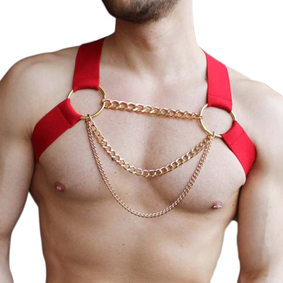 sexy gay man in red Gay Men's Gold Chain Harness | Gay Harness- pridevoyageshop.com - gay men’s harness, lingerie and fetish wear