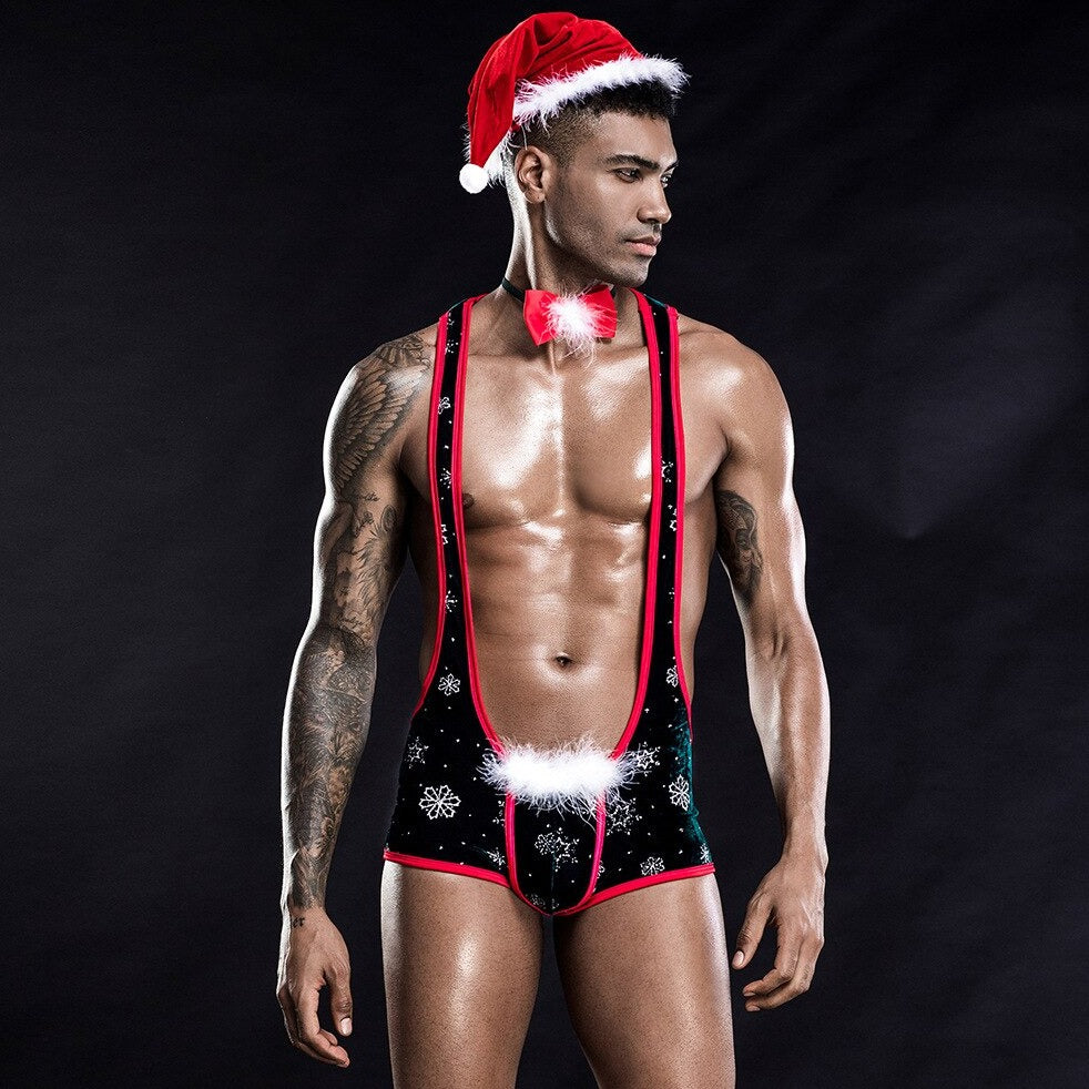 sexy gay man in Gay Singlet and Bodysuit | Gay Christmas 3-Piece Singlet Set - Men's Singlets, Bodysuits, Rompers & Jumpsuits - pridevoyageshop.com