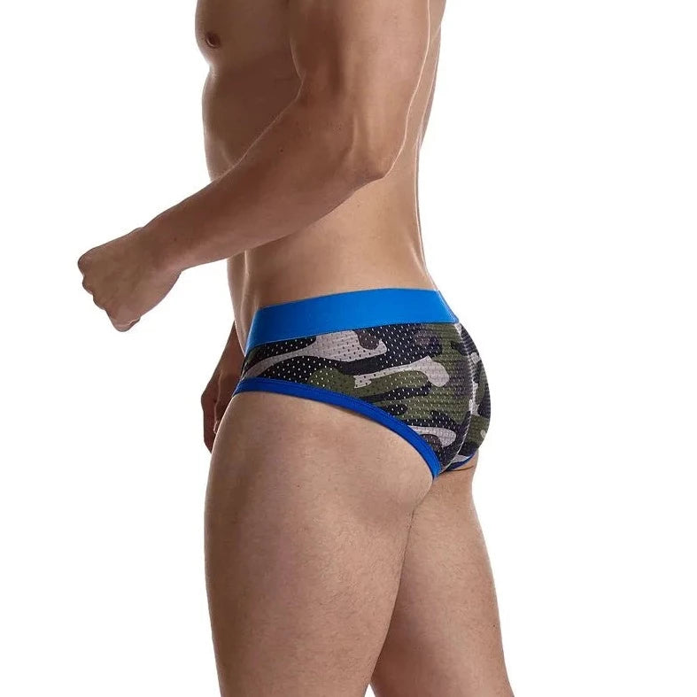a hot gay man in blue Jockmail Men's Mesh Camo Briefs - pridevoyageshop.com - gay men’s underwear and swimwear