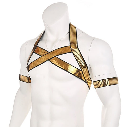 CLEVER-MENMODE Shiny Gold Chest Harness | Gay Harness- pridevoyageshop.com - gay men’s harness, lingerie and fetish wear