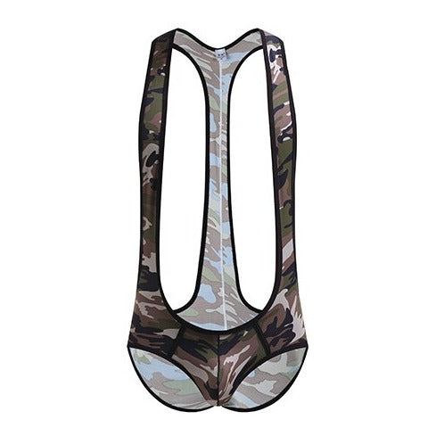 coffee green Gay Bodysuit and Singlet | Men's Kinky Camo Wrestling Bodysuit - Men's Singlets, Bodysuits, Leotard & Unitard - pridevoyageshop.com